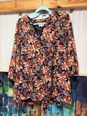 MELLODAY Navy Floral Tunic with Rust and Cream Accents